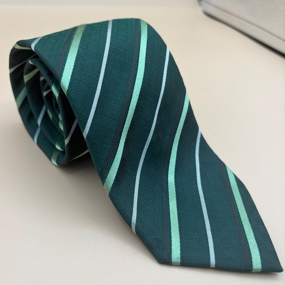 Park Avenue Coronation Silk Tie Mens Green Striped Excellent Dark Academia